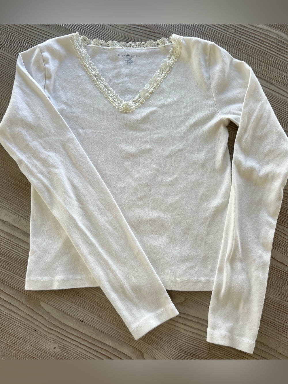 Brandy Melville Ivory Lace-Trim V-Neck Long Sleeve Top